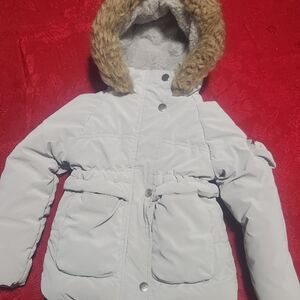 Kids White Puffer Jacket with Faux Fur Hood